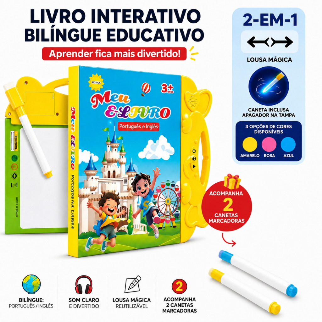 Livro Interativo Sonoro Bilíngue Infantil Português Inglês + Lousa Mágica Reutilizável + 2 Canetas Marcadoras 3+ Anos