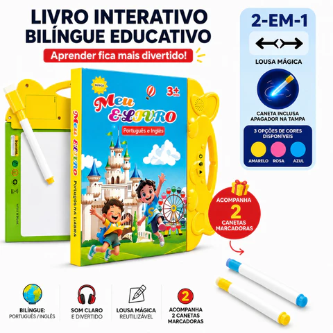 Livro Interativo Sonoro Bilíngue Infantil Português Inglês + Lousa Mágica Reutilizável + 2 Canetas Marcadoras 3+ Anos