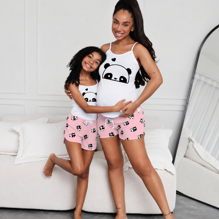 Conjunto Pijama Feminino Estampado e Macio Tal Mãe Tal Filha Panda Rosa