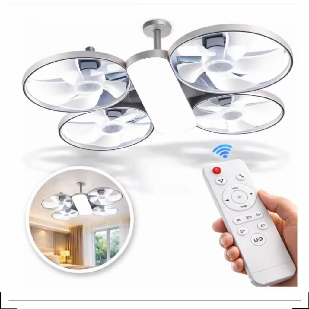 Ventilador Bivolt Teto Lustre LED 3 Temperaturas E27 Silencioso Controle Remoto 3-4 Mini Hélices Integradas Drone.