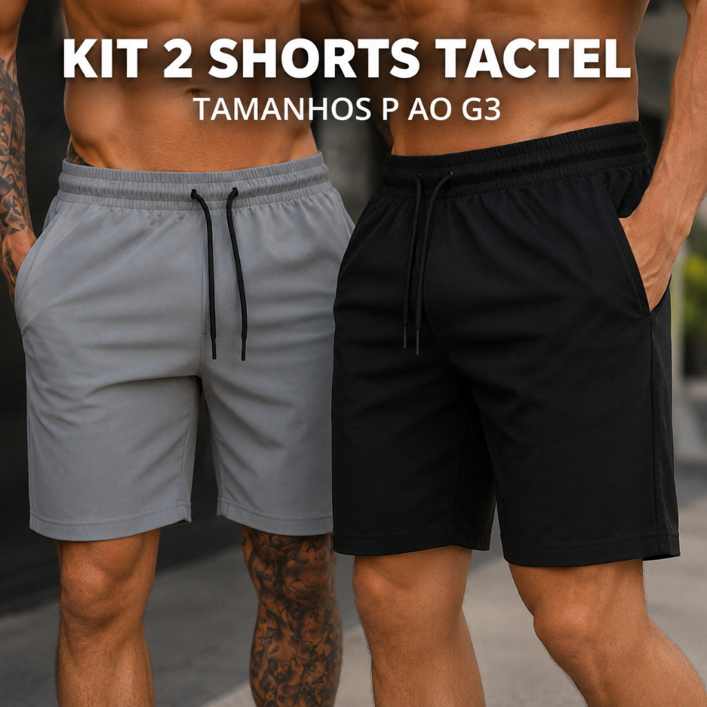 Kit 2 Shorts Masculino Bermuda Tactel com Elastano Bolsos Elastano Academia Treino Praia Verão Tamanhos Grandes P ao G3