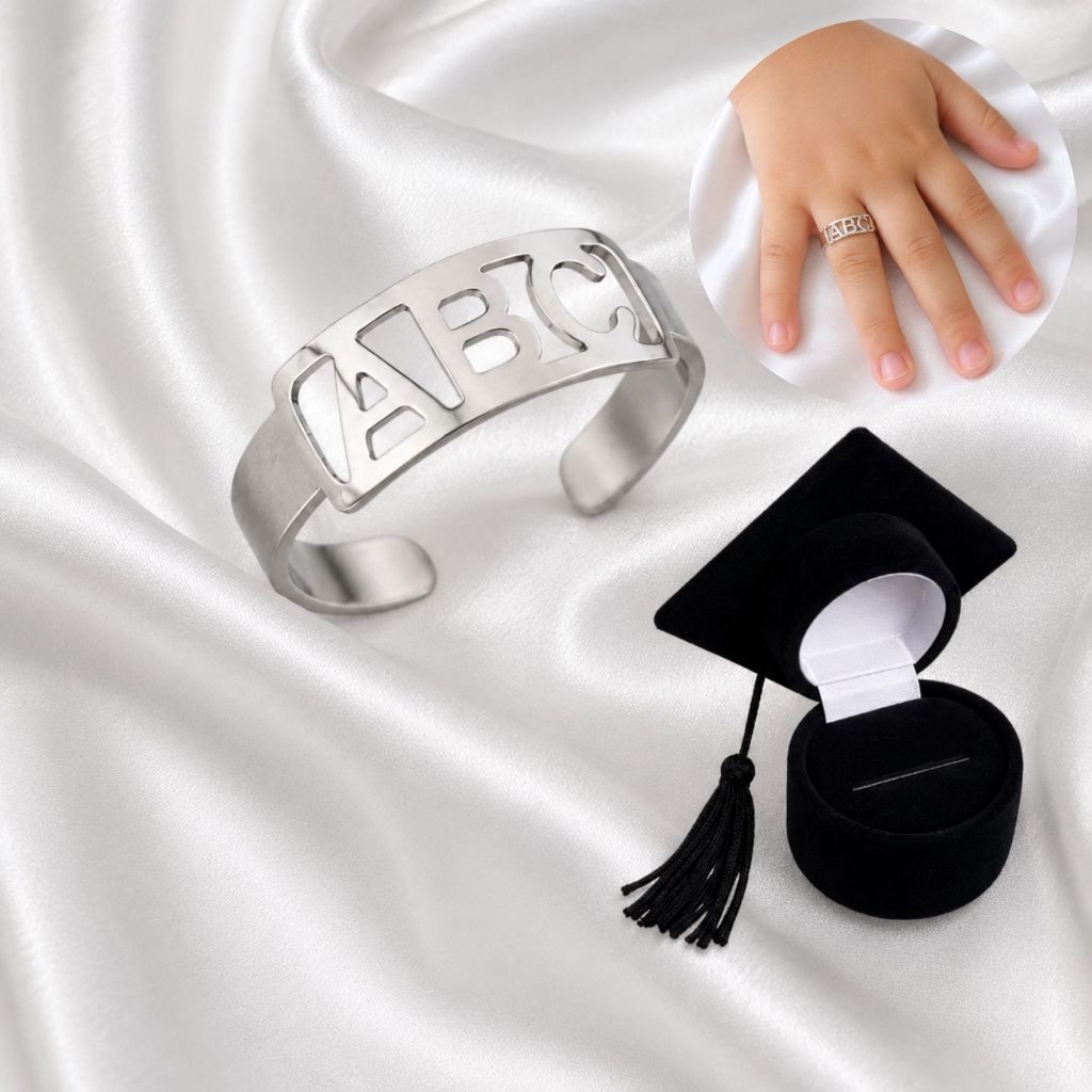 Anel Abc Em Aço Antialérgico Ajustável Chapa Fina, Anel Formatura Escolar