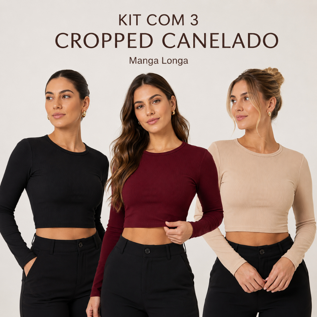 Kit 3 Cropped Manga Longa Básico Feminina Canelado Premium Feminino Inverno