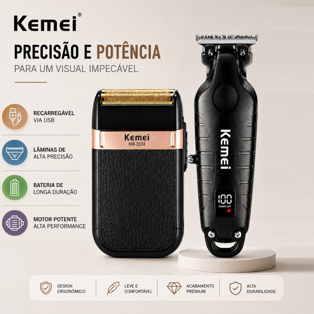 Kit Maquininha Profissional Kemei 2293 Shaver 2024 USB Recarregável Corte Cabelo Barba Barbeiro
