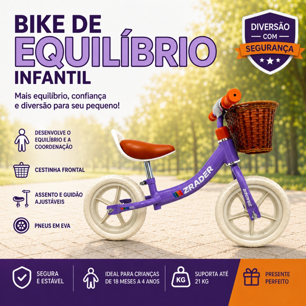 Bicicleta de Equilíbrio Balance Bike Infantil Sem Pedal com Cestinha Leve Resistente Para Criança Lilás