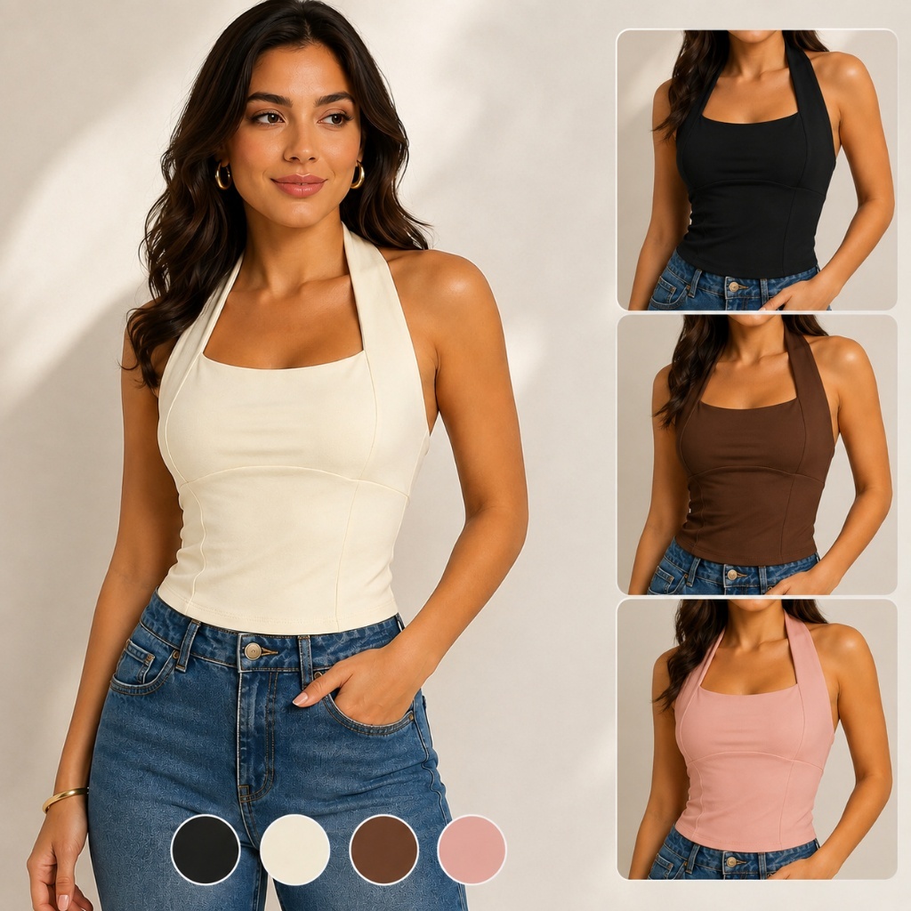 Blusa Regata Feminina Halter Poliamida Efeito Silicone Modeladora Frente Única Costas Nua Tamanhos P ao GG Verão