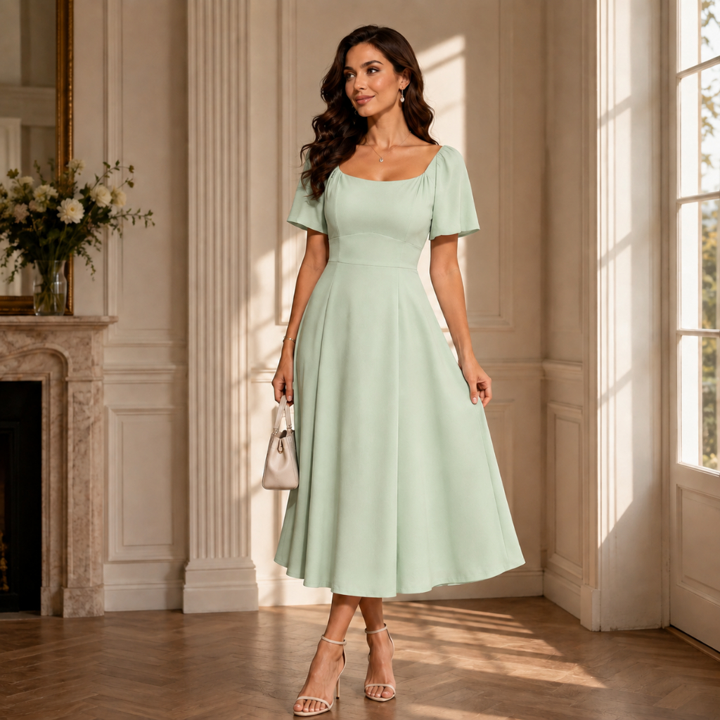 Vestido Feminino Vick Curto Manga Bufante Decote Princesa Crepe Duna Soltinho Elegante P ao GG
