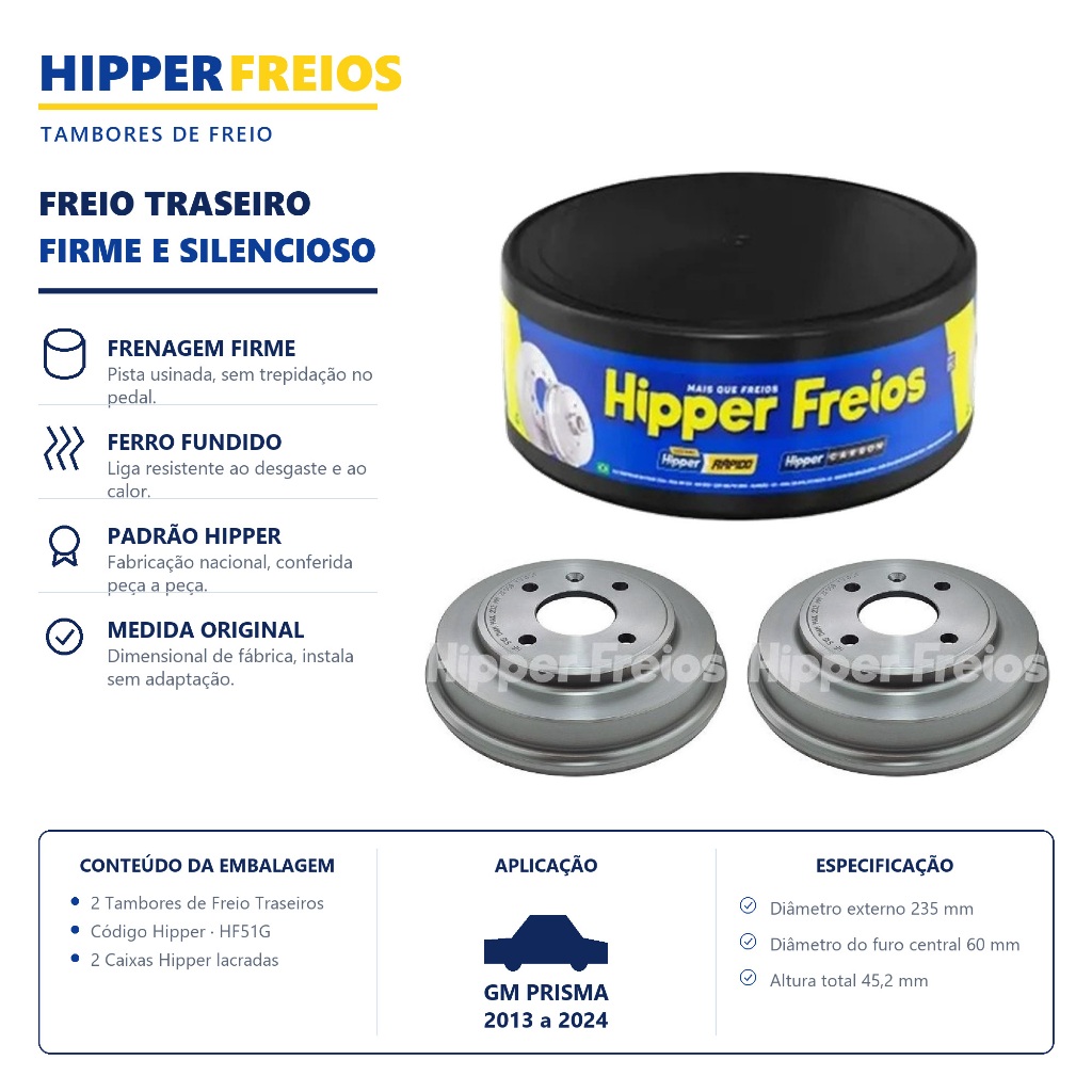 Par Tambor de Freio Traseiro GM PRISMA 2013 a 2024 Hipper Freios