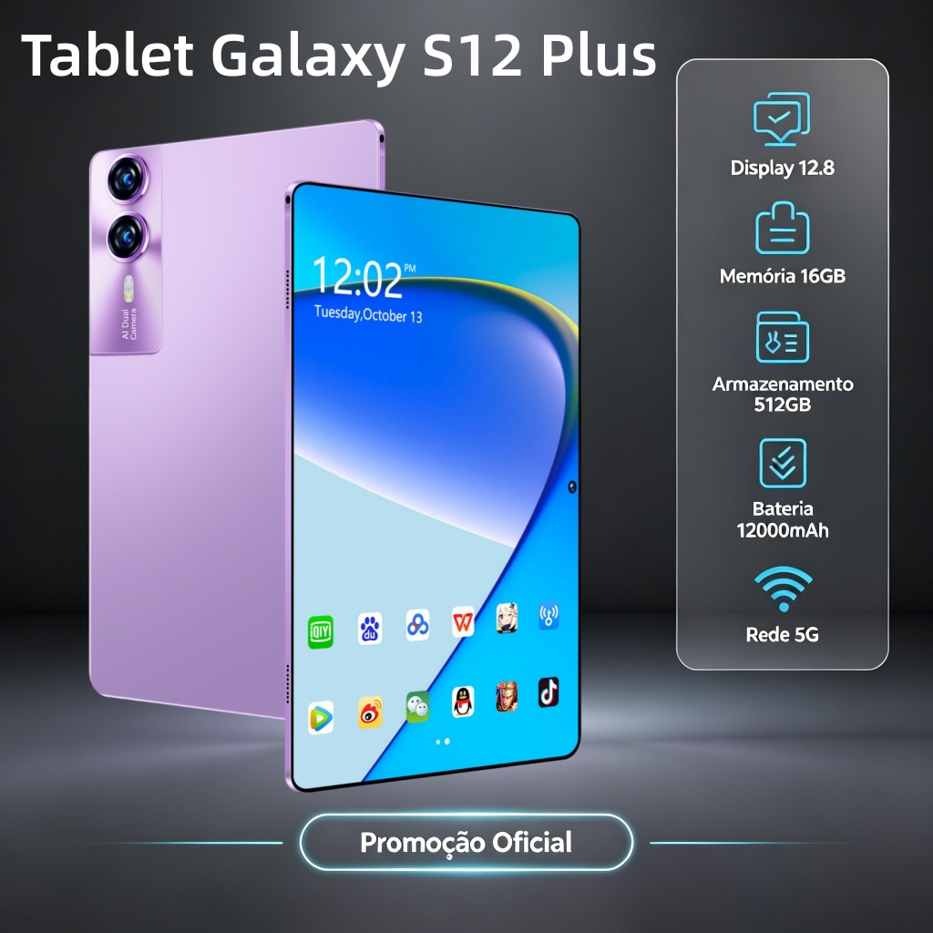 【Teclado e mouse gratuitos】Tablet  Galaxy S12 Plus 12.8 polegadas 16GB+ 512 GB Bateria de 12000 mAh Tablet Android 5G