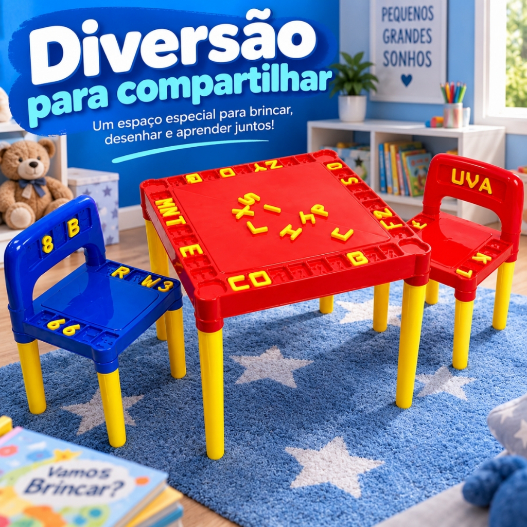 Mesa Infantil Plástico Mesinha Educativa Didática 2 Cadeiras Com Letras e Números