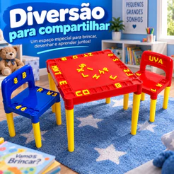 Mesa Infantil Plástico Mesinha Educativa Didática 2 Cadeiras Com Letras e Números
