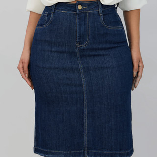 Saia Feminina Jeans Cintura Alta Evangelica Midi Com Elastano Casual Elegante Simples