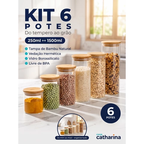 Kit Completo 6 Pote de Vidro Hermetico Tampa Madeira Bambu Organizador de Cozinha