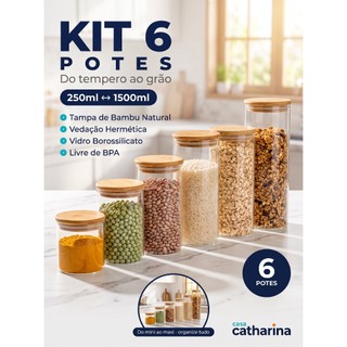 Kit Completo 6 Pote de Vidro Hermetico Tampa Madeira Bambu Organizador de Cozinha