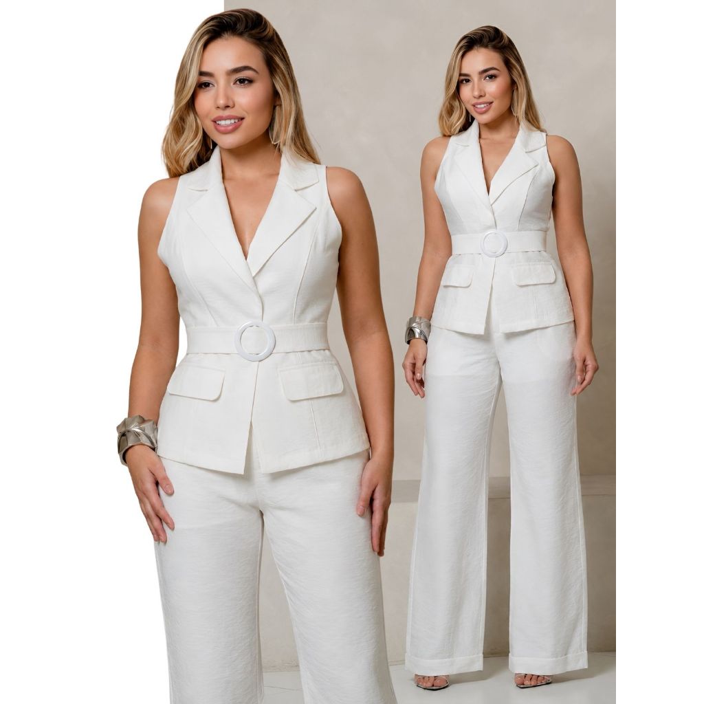 Conjunto 2 Peças Colete Estruturado Faixa com Fivela + Calça Pantalona Alfaiataria Cintura Alta Social Trabalho