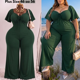 Macacão Plus Size Longo Soltinho Estica Modela Acinturado Busto Ajustável Aumenta e Levanta Seio Empina Bumbum 46 ao 56