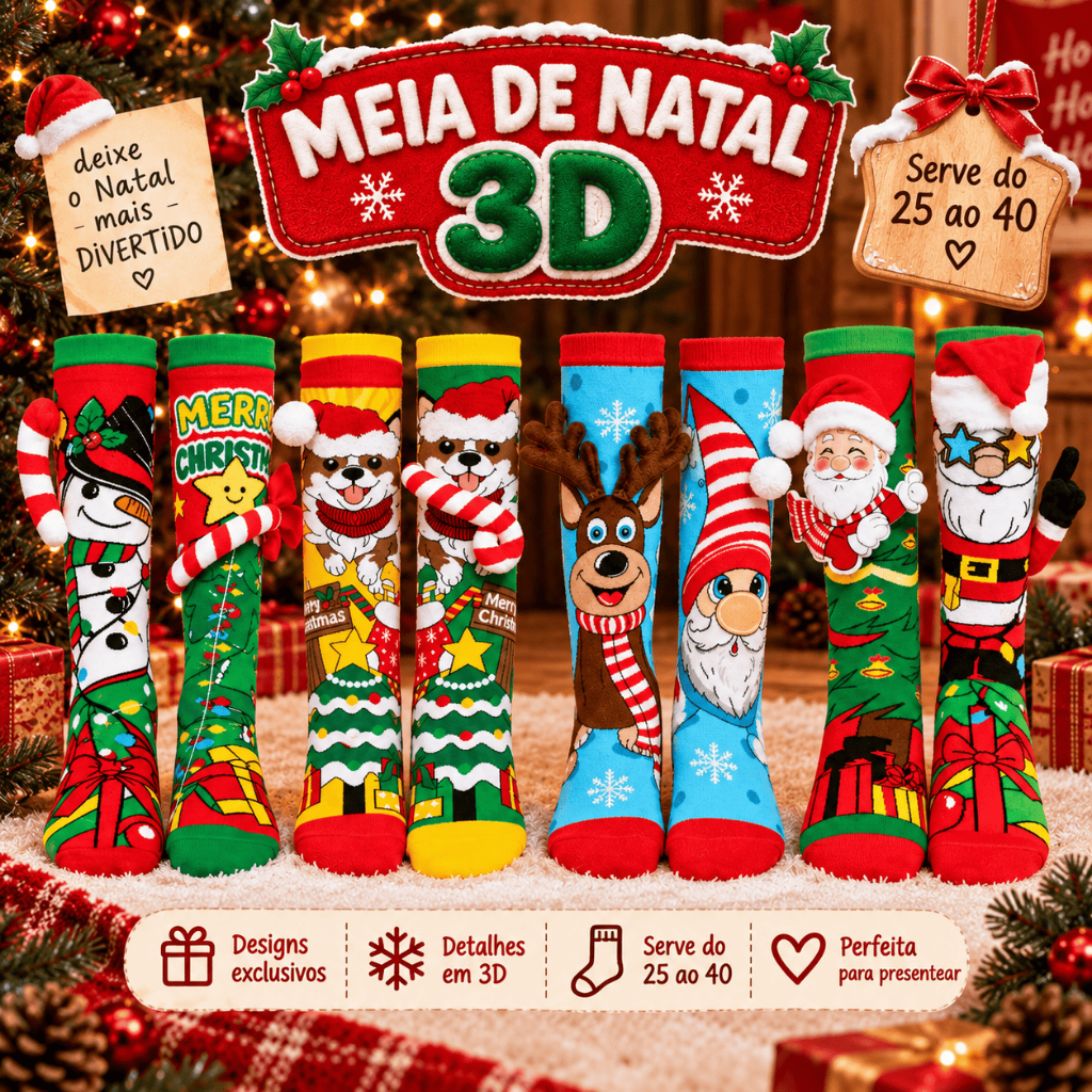 Meia 3D Natal Divertida Estampada Confortável, Macia e Elástica Tamanho 25 ao 40 Natlina Papel Noel