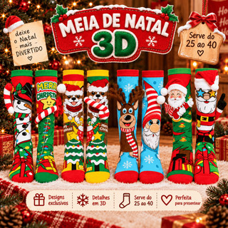Meia 3D Natal Divertida Estampada Confortável, Macia e Elástica Tamanho 25 ao 40 Natlina Papel Noel