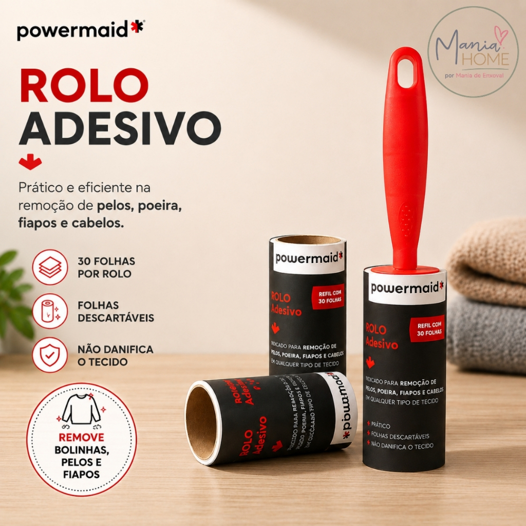 Rolo Tira Pelos Bolinha de Roupas Pet Adesivo 90 Folhas Com Refil Limpeza Powermaid
