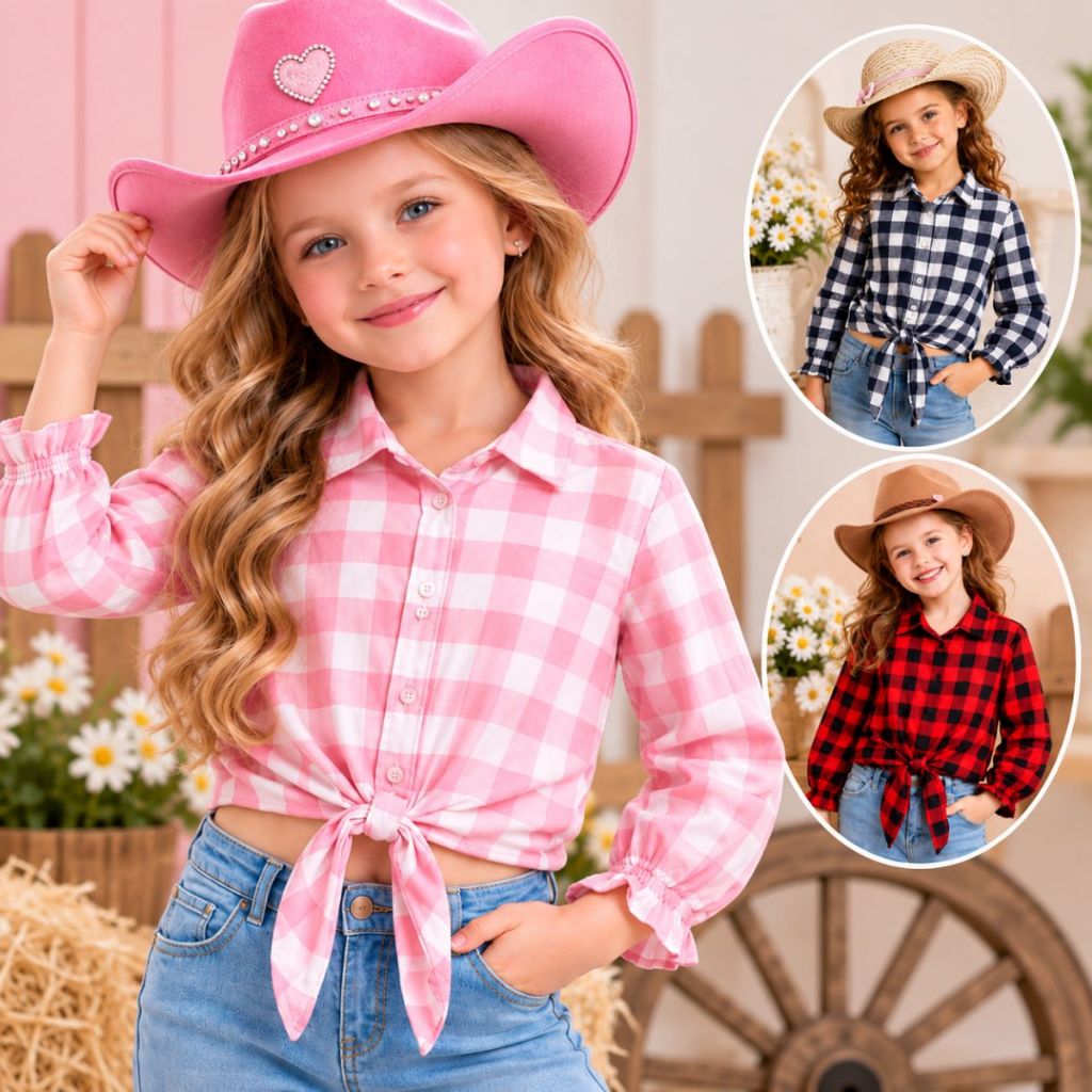 Camisa Xadrez Infantil Menina Festa Junina Rodeio Cowgirl Manga Longa Boiadeira Várias Cores