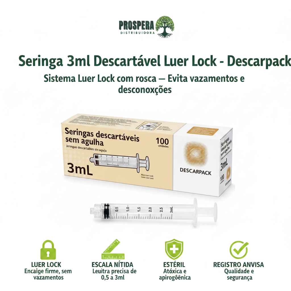 Seringa Descartável 3ml Luer Lock Sem Agulha Descarpack - Escolha Kit com 50, 100, 300 unidades