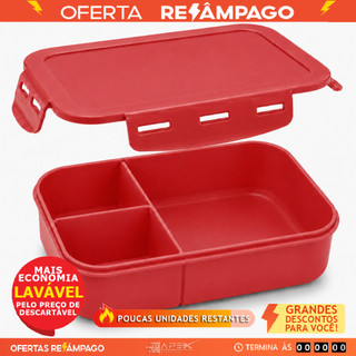 Marmita Hermética Vermelha 3 Divisórias 1250 ml BPA Free Reutilizavel Freezer Microondas Lava Louças