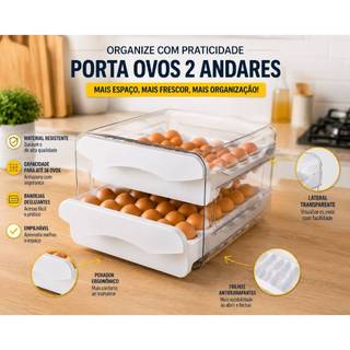 Gaveteiro Duplo em plástico 2 ANDAR Tipo Porta 32 Ovos  Para Cozinha Geladeira