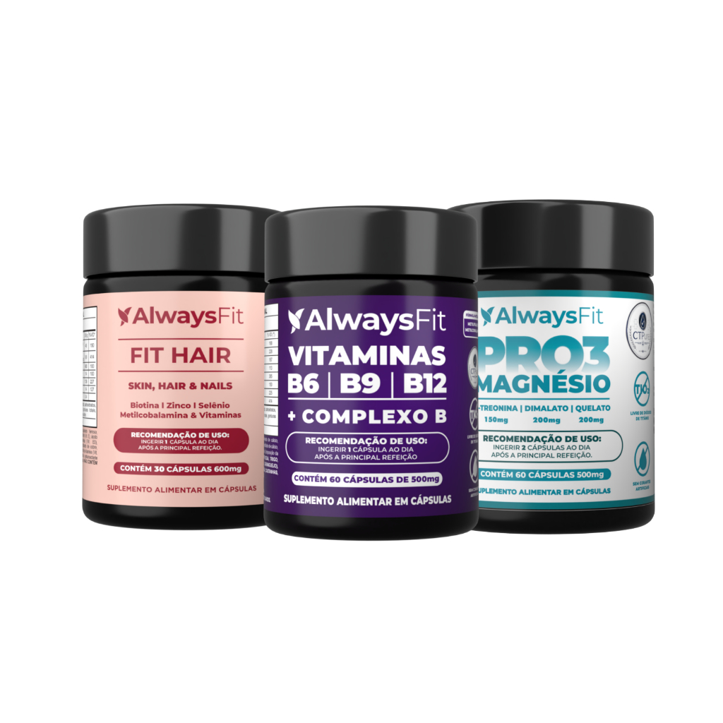 Kit Pro3Magnésio + Complexo B + FitHair AlwaysFit | 3 Magnésios, Vitaminas B, Biotina e Zinco | 150 Cápsulas