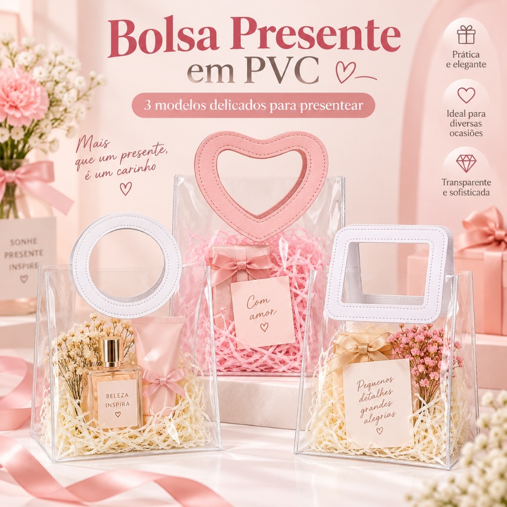10 Sacolas Transparentes PVC Multiuso Alças De Couro Presente Com Zíper Reforçado Elegante
