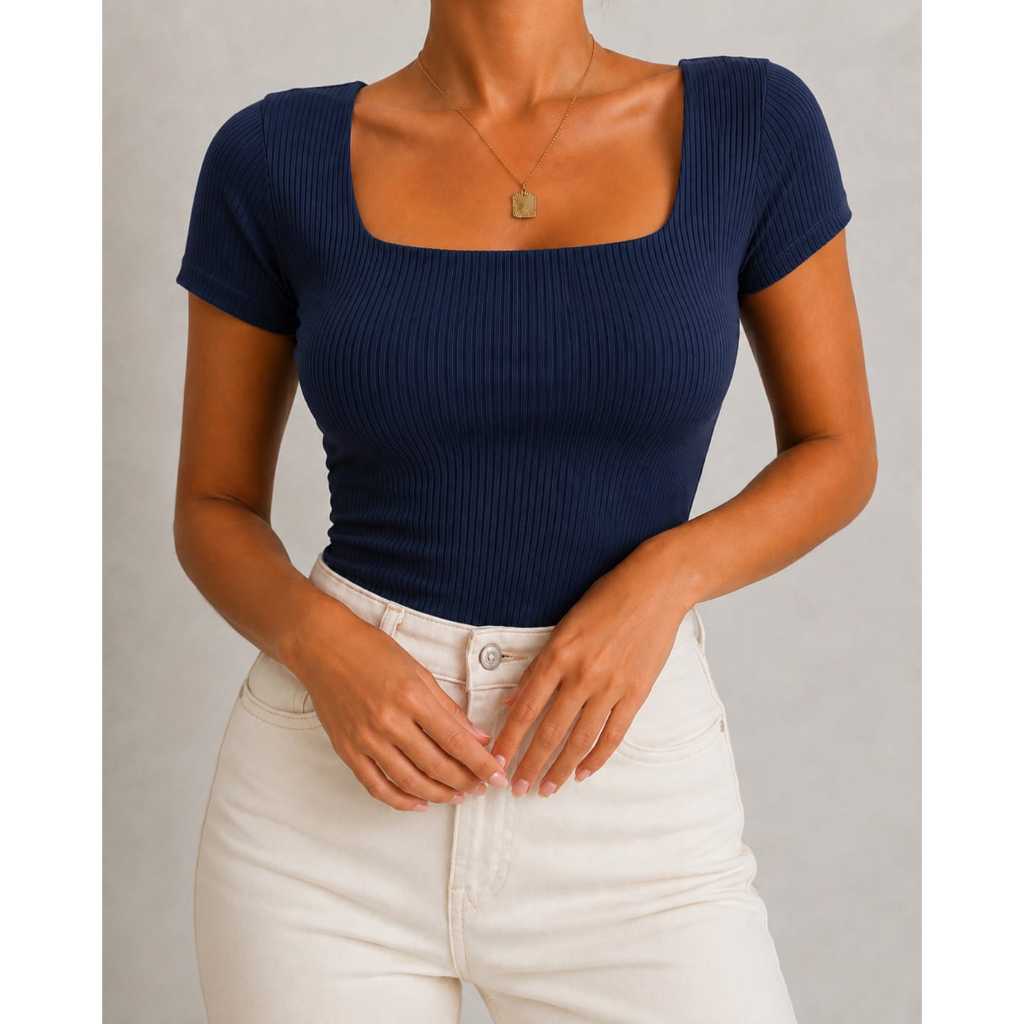 Blusa Feminina Decote Quadrado Blusinha Canelada Básica Manga Curta Trabalho Elegante Dia a Dia