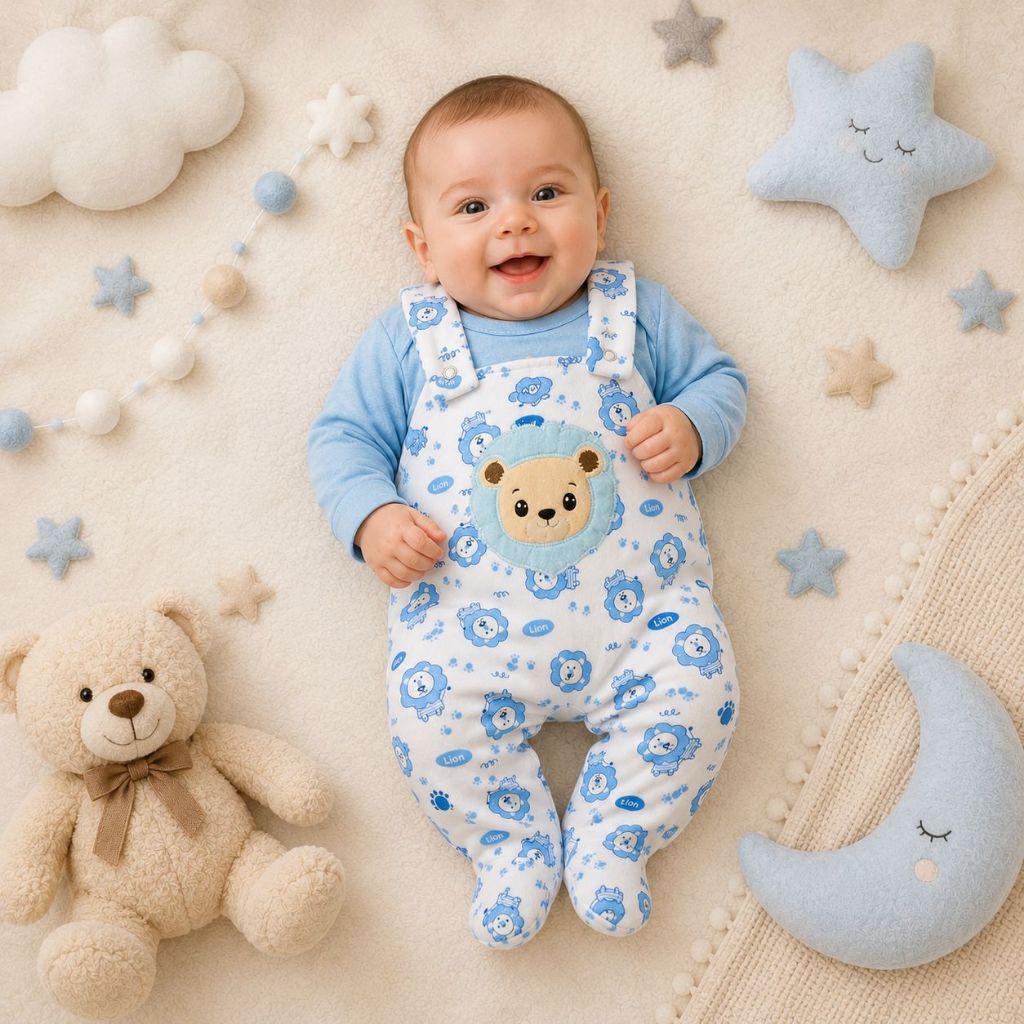 Conjunto Para Bebê Menino Menina Jardineira Bordada de Soft Estampada com Body Confortável 02 Peças Bordado