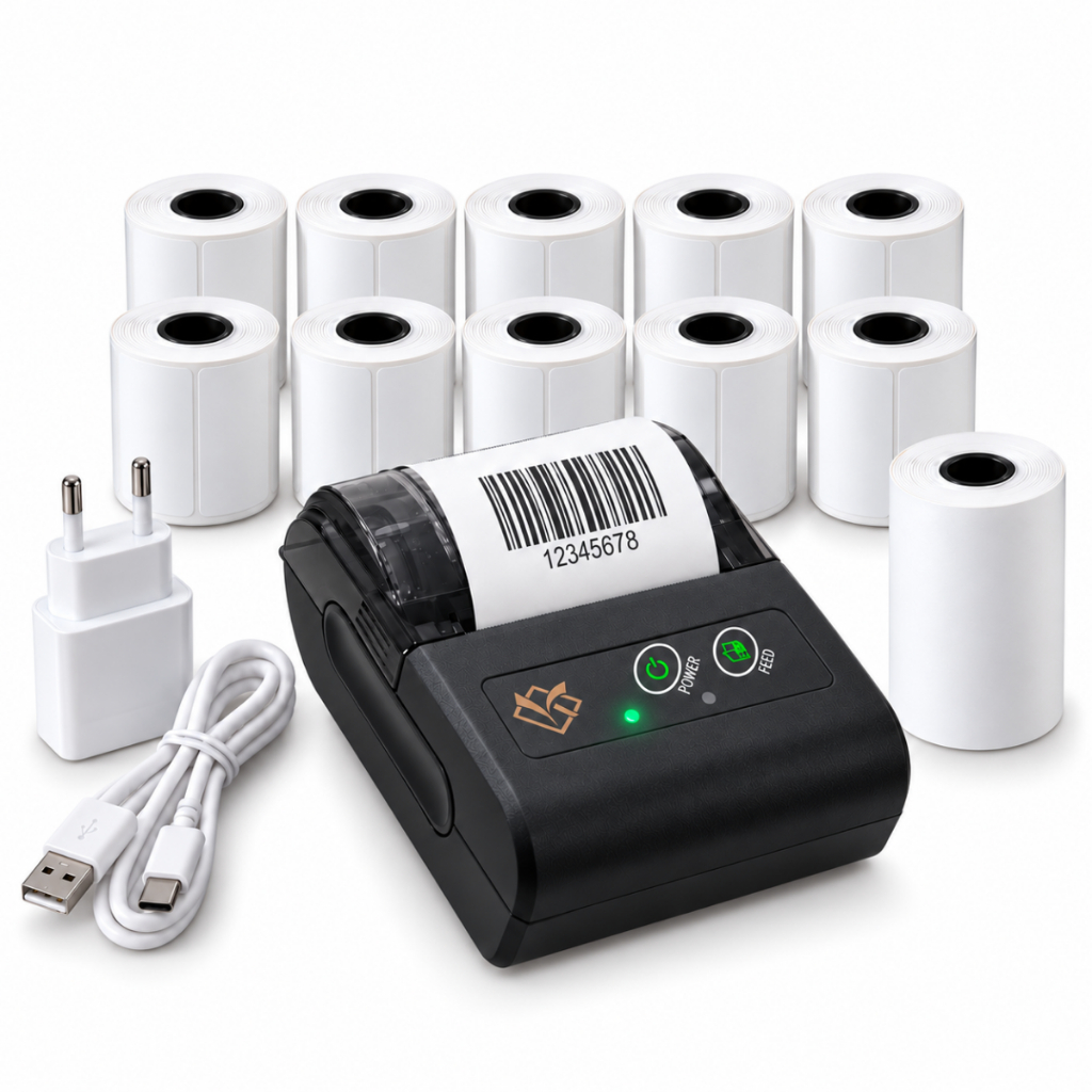 Mini Impressora Térmica Portátil Preta 58mm Bluetooth USB-C Celular PC + Kit 10 Rolos Adesivos 50x30 e Rolo Contínuo 10m