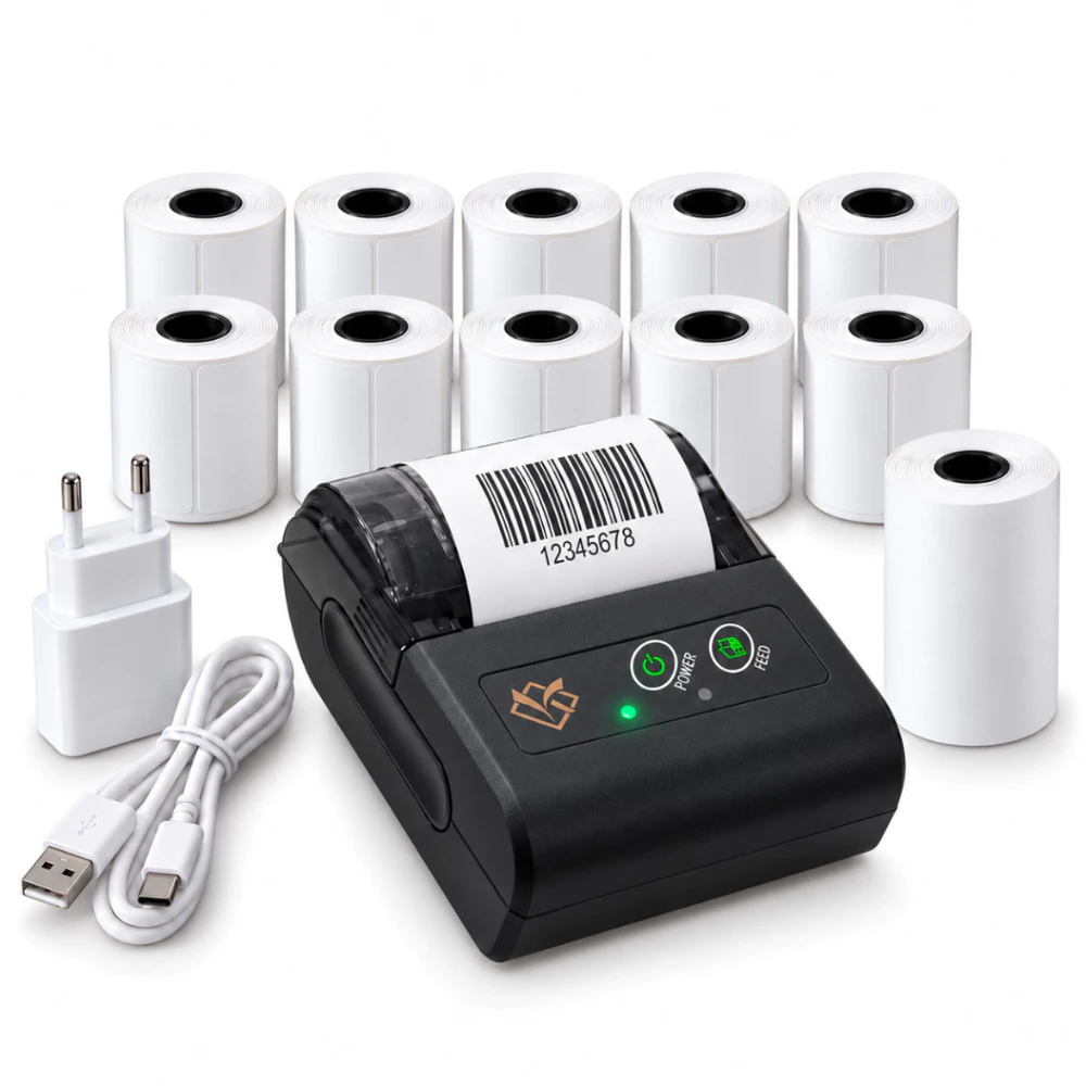 Mini Impressora Térmica Portátil Preta 58mm Bluetooth USB-C Celular PC + Kit 10 Rolos Adesivos 50x30 e Rolo Contínuo 10m