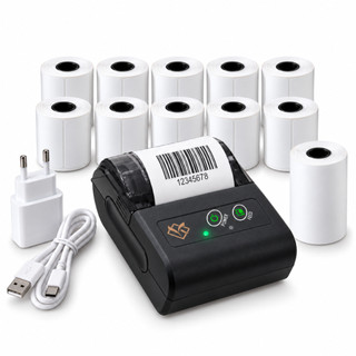 Mini Impressora Térmica Portátil Preta 58mm Bluetooth USB-C Celular PC + Kit 10 Rolos Adesivos 50x30 e Rolo Contínuo 10m