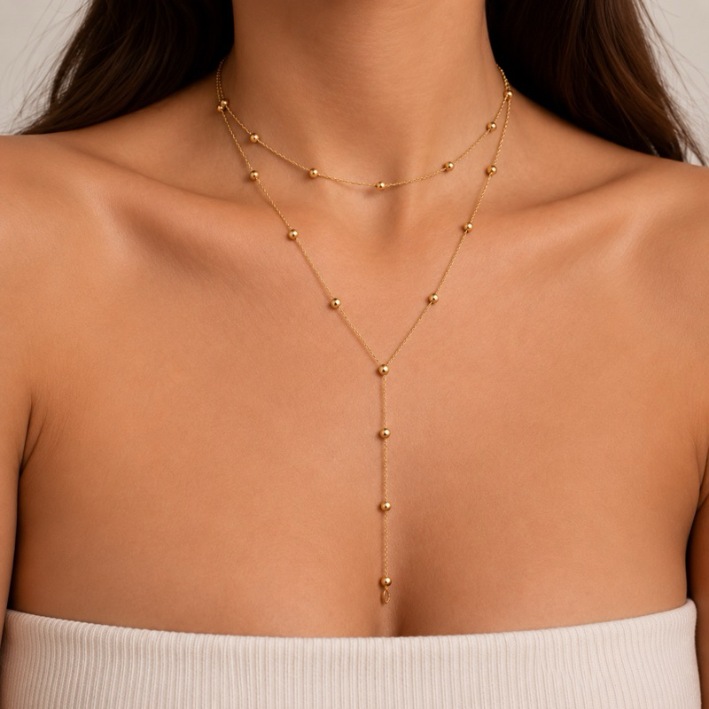 Colar Gravatinha Feminino 2 Camadas com Bolinhas | Colar Y Delicado e Semijoia
