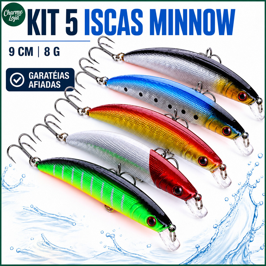 Kit 5 Iscas Artificiais Minnow 9cm 8g com Garatéias Afiadas para Pesca de Robalo Tucunaré e Traíra