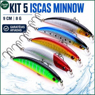 Kit 5 Iscas Artificiais Minnow 9cm 8g com Garatéias Afiadas para Pesca de Robalo Tucunaré e Traíra