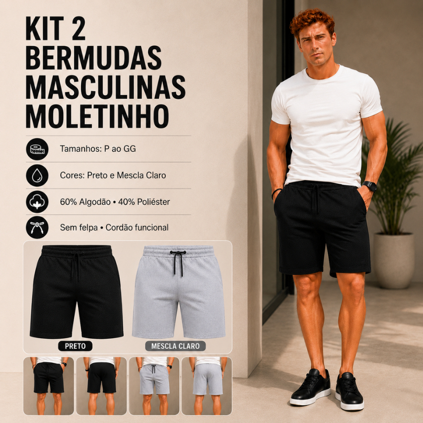 Kit 2 Bermuda Shorts Masculinas Moletinho Moletom Academia Treino Confortável Dia a Dia Casual Com Bolso