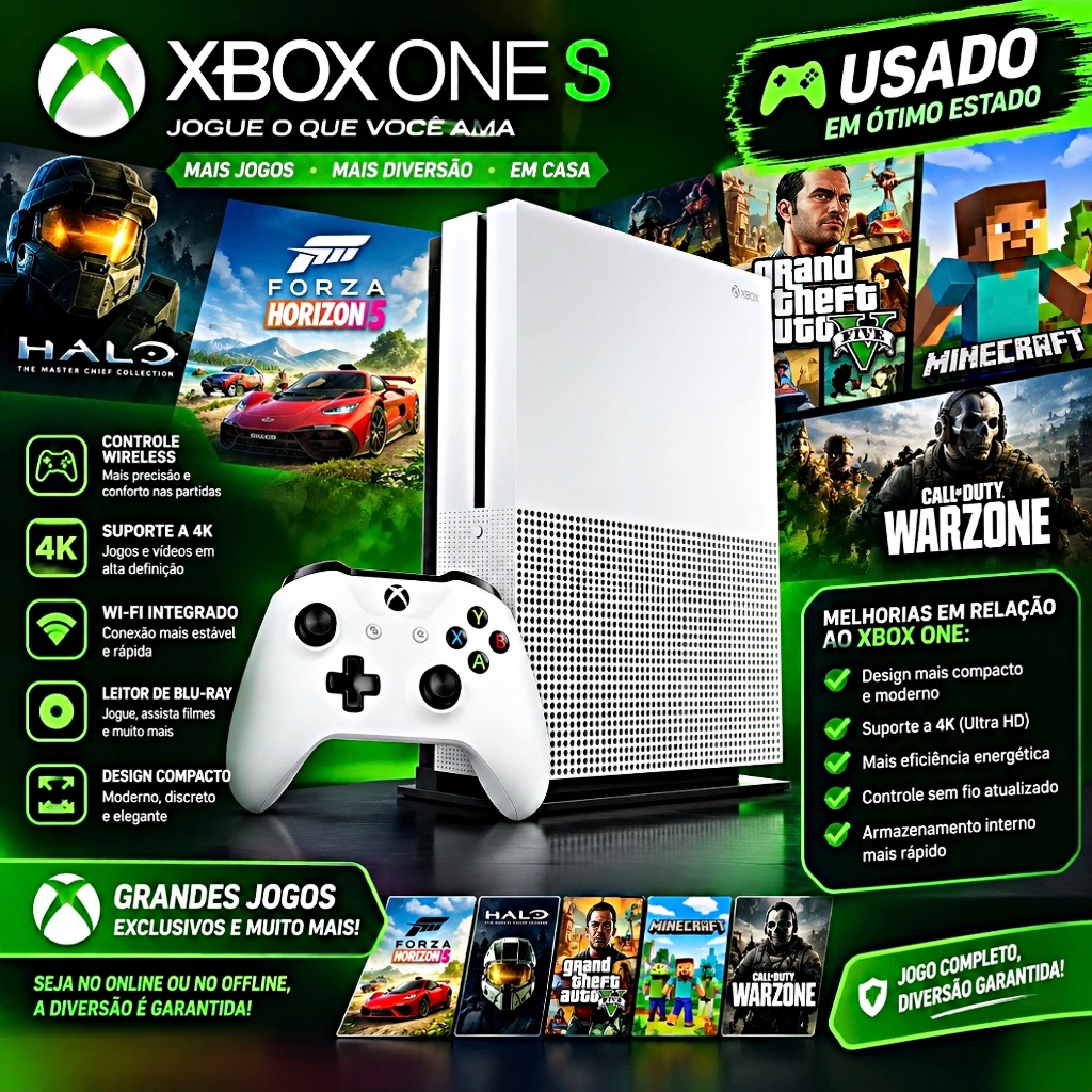 USADO - Xbox One S com Controle 4K HDR Wi-Fi Console Gamer Microsoft vídeo game