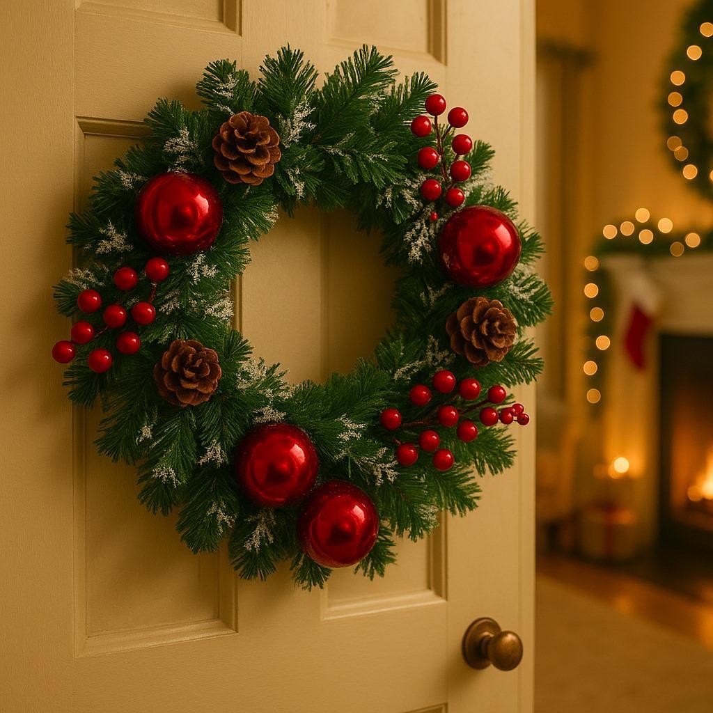 Guirlanda De Natal Decorada Enfeite Porta Decoração Natalina Galhos Luxo Pinha Azevinho 30cm