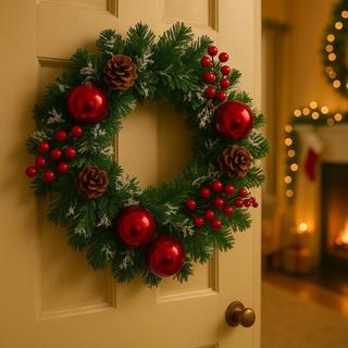 Guirlanda De Natal Decorada Enfeite Porta Decoração Natalina Galhos Luxo Pinha Azevinho 30cm