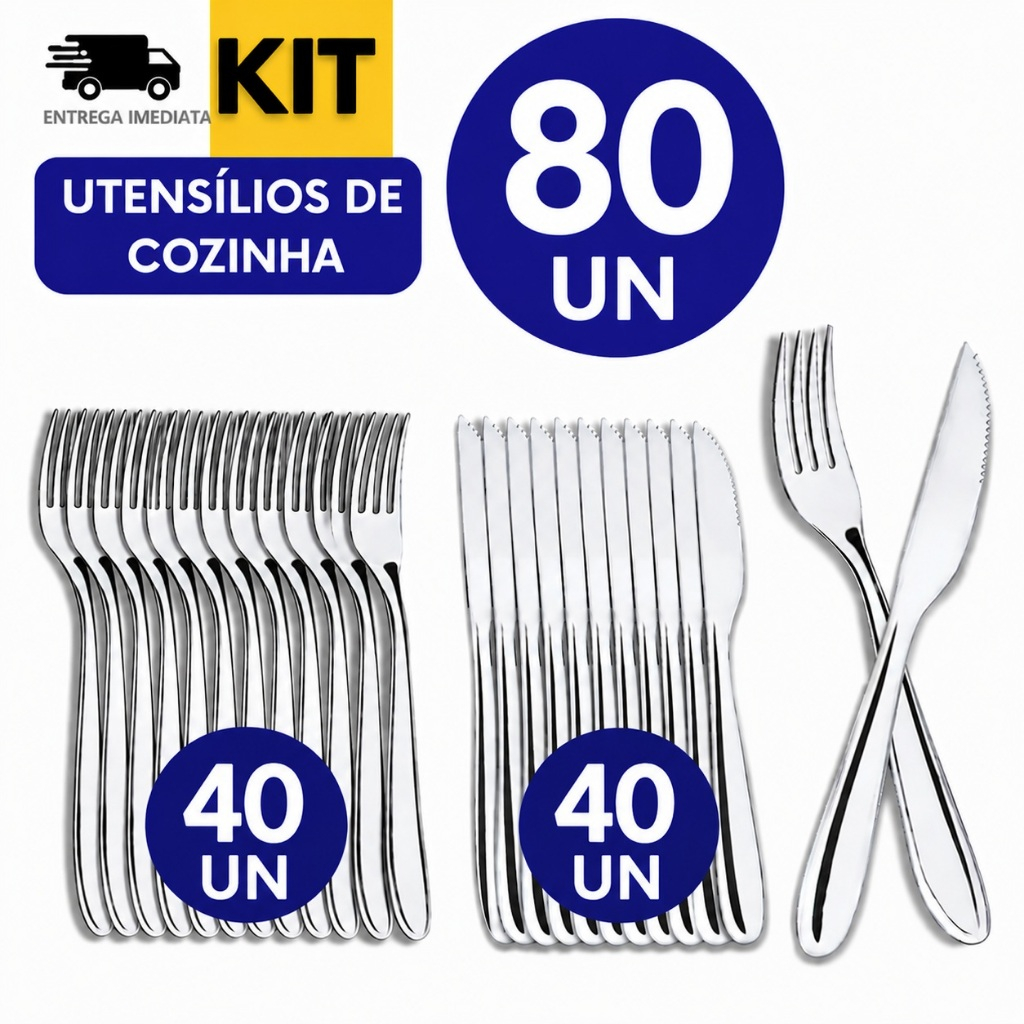 Combo Utensílios 80 Peças - Talheres Inox 40 Garfos, 40 Facas Premium, multiuso na sua cozinha Variáveis  Resistente