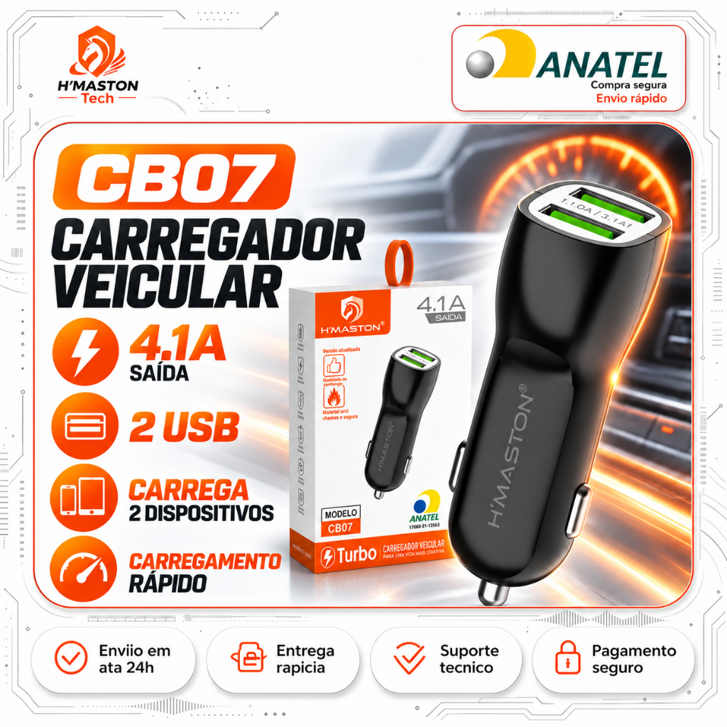 H'Maston CB07 Carregador De Celular Para Carro Carregador Veicular Turbo Carregador De Carro Para Celular 2 entradas USB