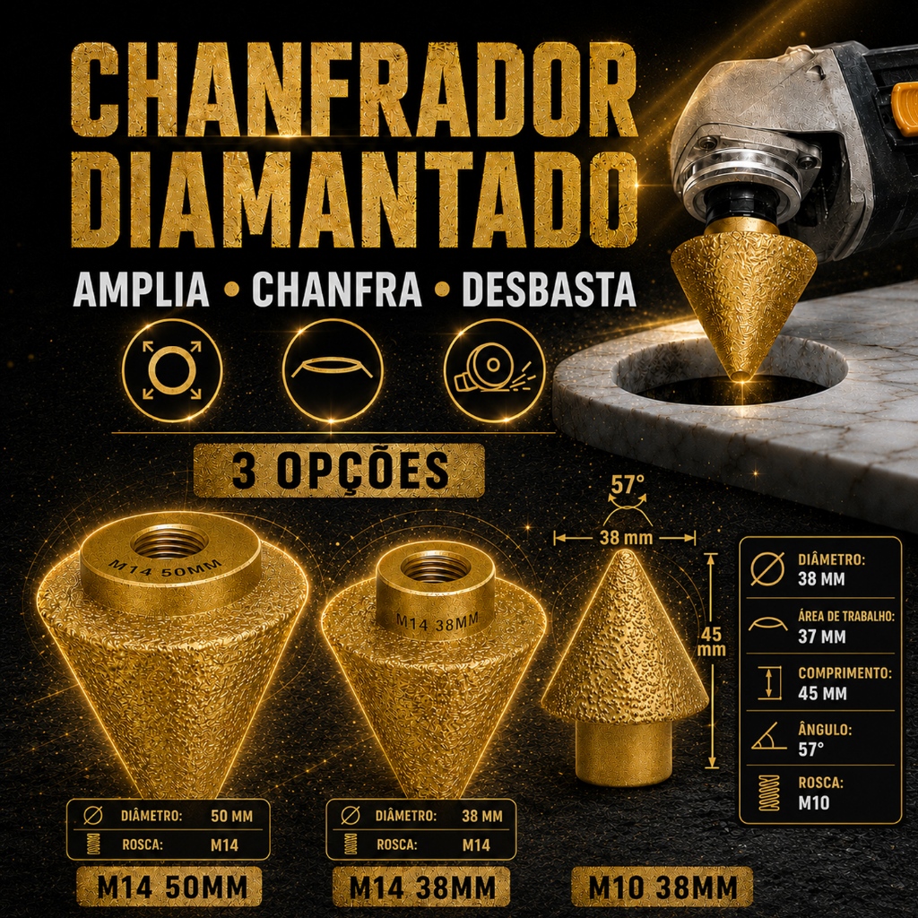 Broca Cônica Diamantada Chanfradora M10/M14 Esmerilhadeira, Corte Preciso em Porcelanato e Pedras