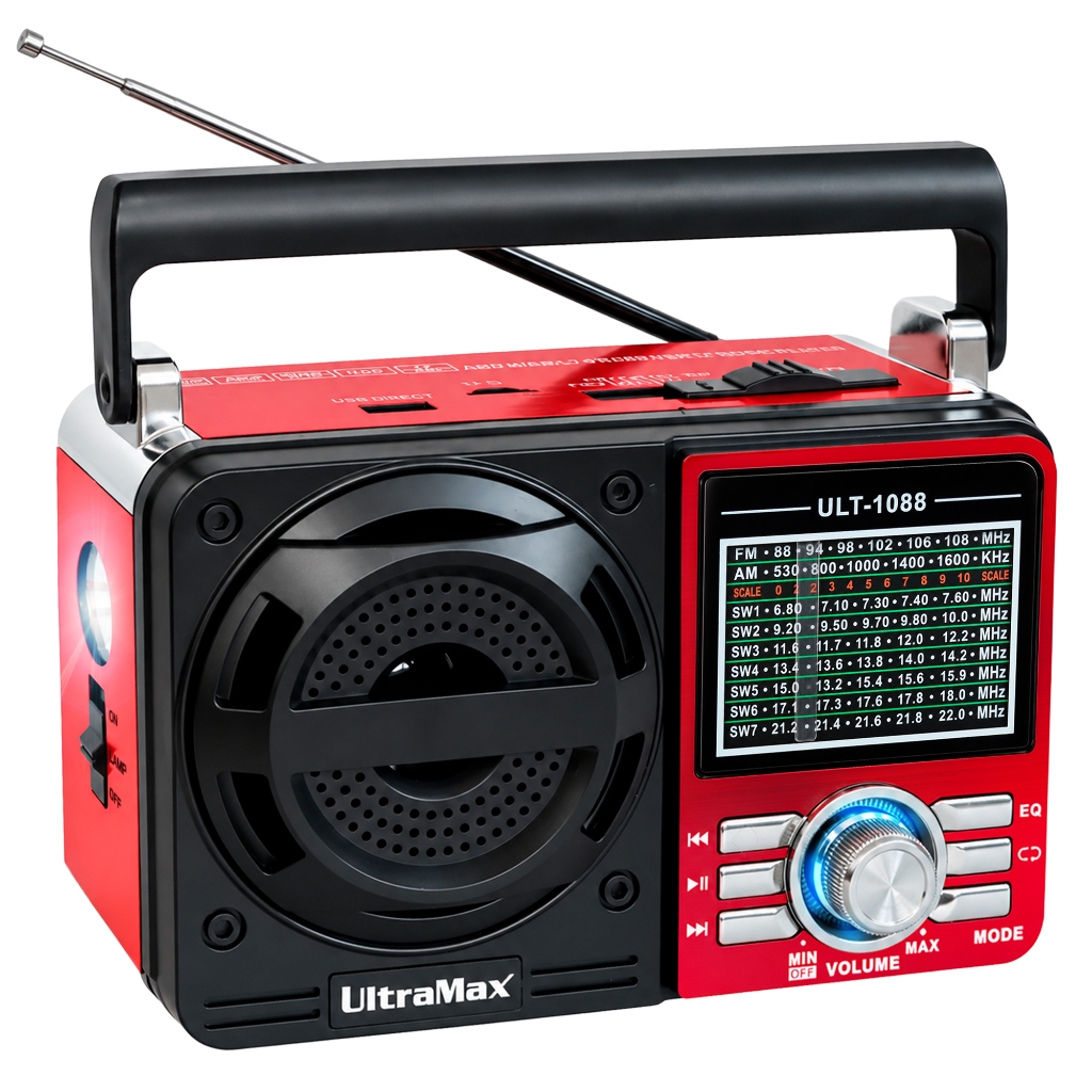 Rádio Portátil AM FM SW Bluetooth USB TF Recarregável com Lanterna Bivolt UltraMax ULT-1088
