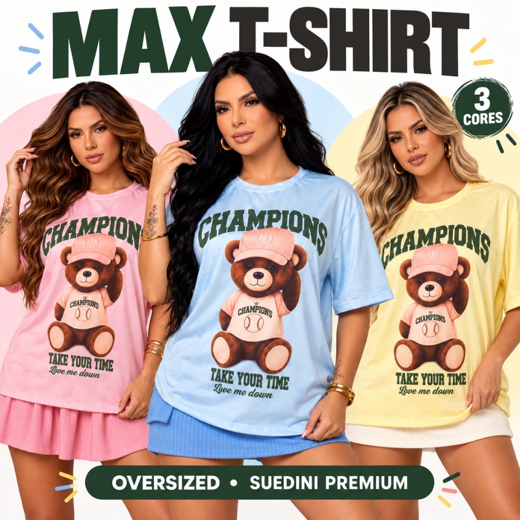 Max Blusão T-Shirt Oversized Feminina Gola O Suedini Premium Estampada Camiseta StreetWear Confortável e Aesthetic