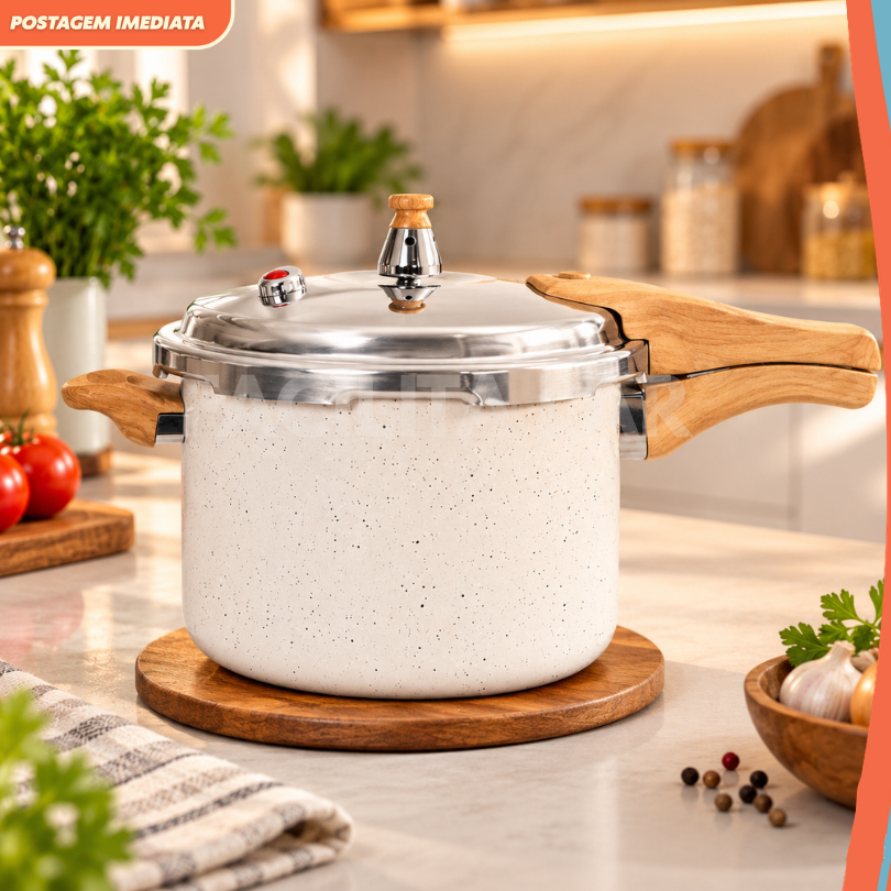 Panela de Pressão Brinox Mundiart 4,2L Revestimento Cerâmico Antiaderente Fundo de Indução Alumínio Bege Cabo Amadeirado