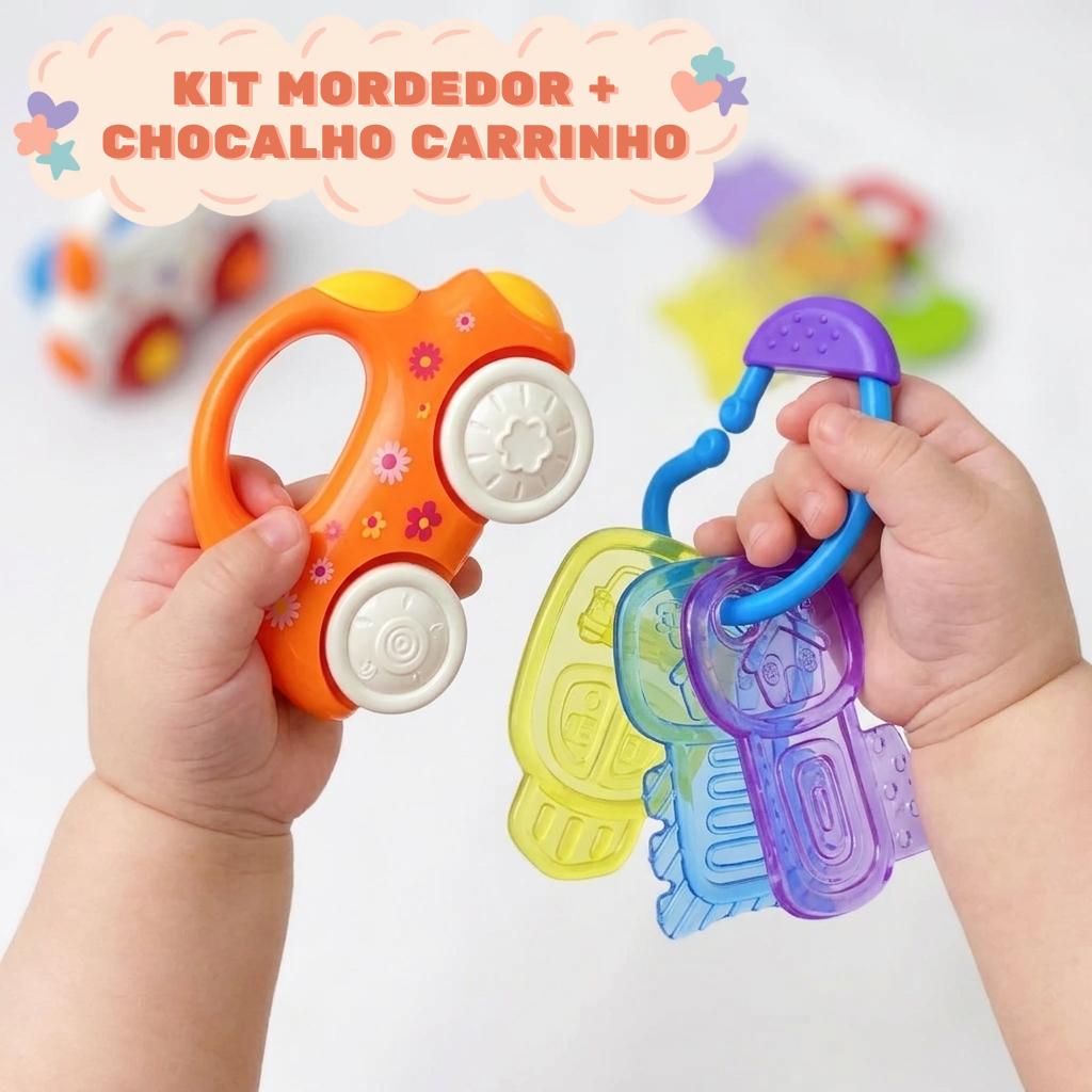Brinquedo Kit Mordedor de Silicone Macio + Carrinho Chocalho Colorido para Bebe