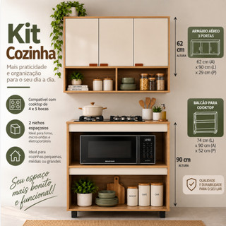 Kit Cozinha Compacta Armário Aéreo 3 Portas + Balcão para Cooktop com Nicho