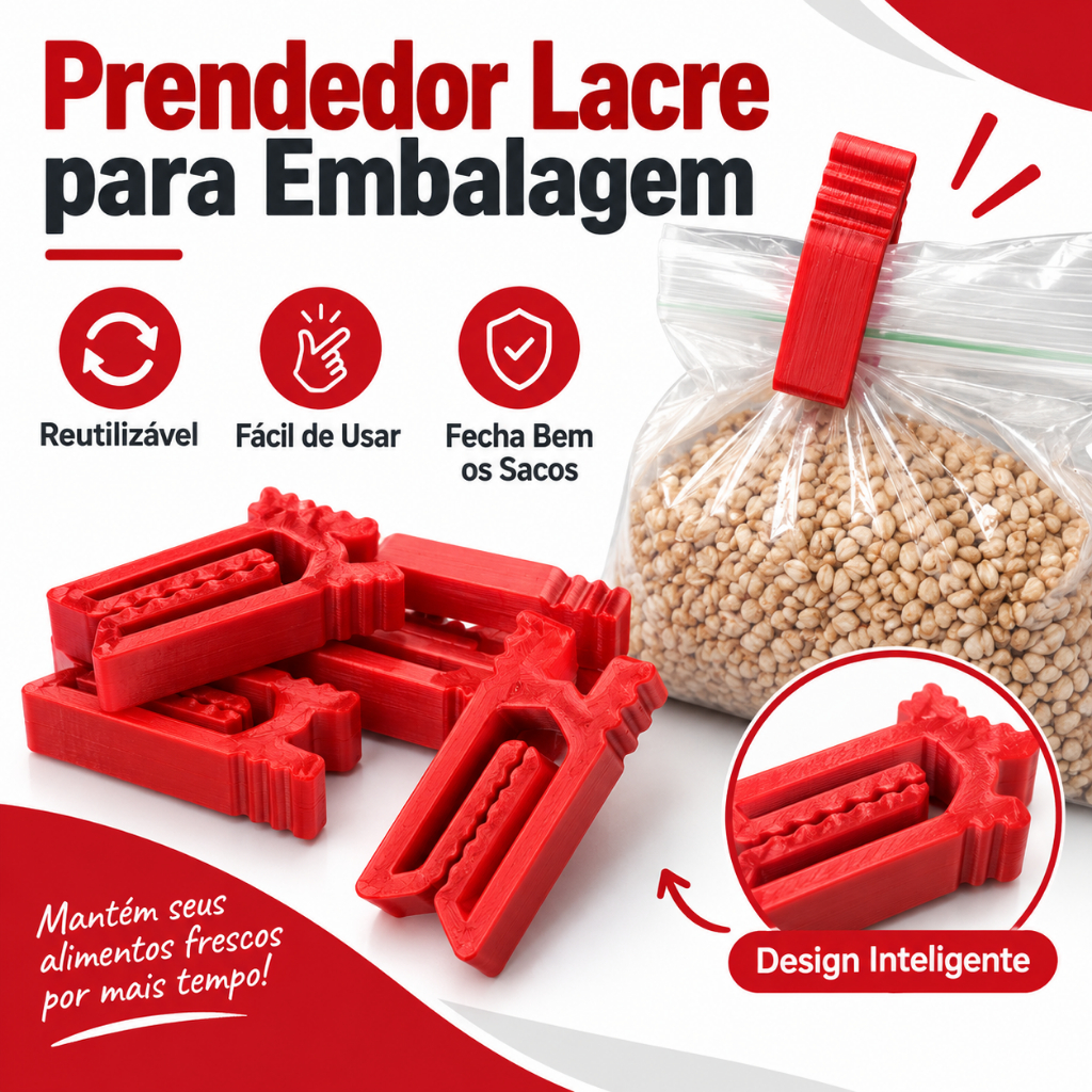 Kit 10 Prendedor Lacre Selador de Embalagem Reutilizável para Sacos Alimentos Cozinha Cor Vermelha